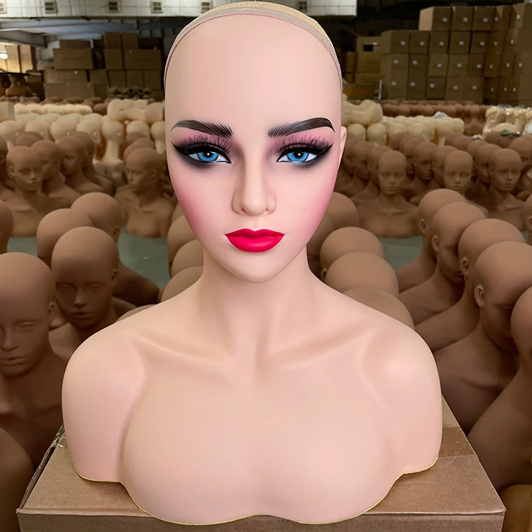 HUAYANG Wholesale High Quality PVC Glam Black Realistic Female African American Wig Mannequin Head With Shoulder