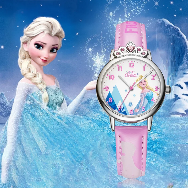 Official Disney license Frozen Elsa Princess Children Cute Leather Quartz Watches Kids Wrist Watch