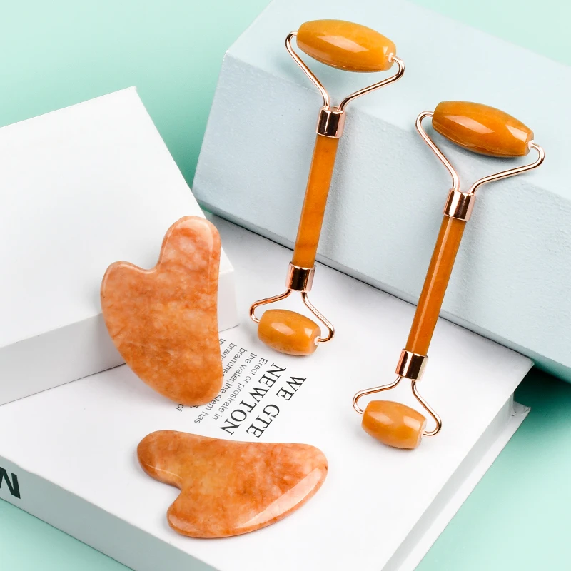 Newest Natural Yellow Jade Roller And Guasha Face Skin Care Tool Kit Custom Logo Facial Remove Wrinkle Gua Sha Stone Massage Set