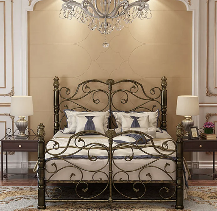 
2019 dijin Luxury Vintage Design European Style Wrought Metal Iron Bed Antique Brushed Gold King Size 