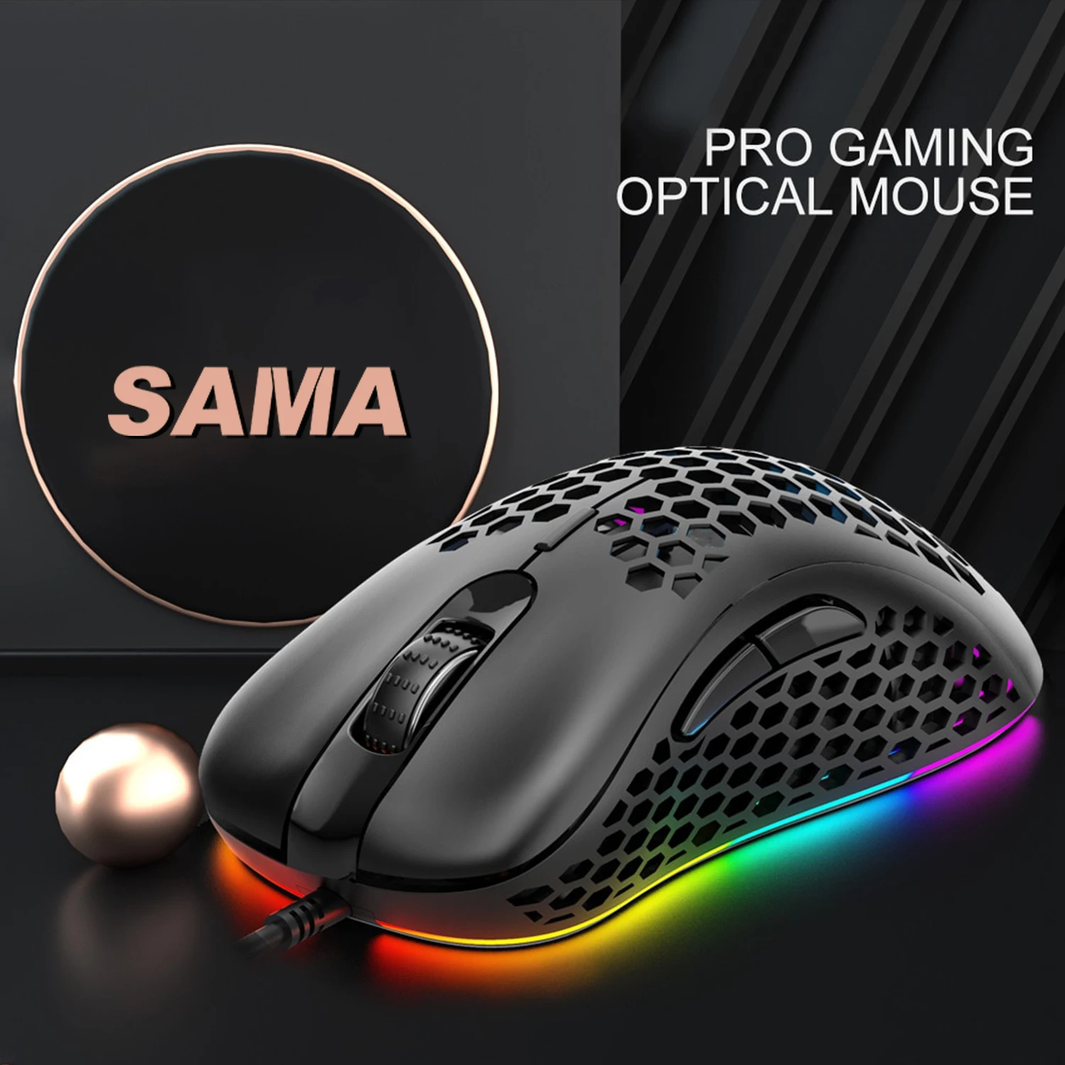 SAMA Top Selling Wired Mice Ergonomics ABS RGB Backlight 6d Keys Up To 6400dpi Lightweight Honeycomb Optical Sensor Gaming Mouse