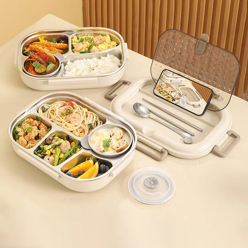2024 new design 4/5 grids sus 304 soup bowl oven heating flatware double valve no leak insulated bento lunch box stainless steel