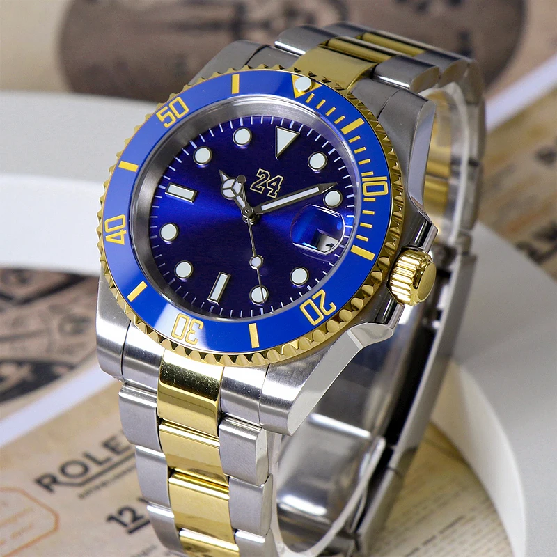 MINUTETIME Custom LOGO Mechanical Watch Men Swimming Luxury Daily Watch Blue Gold NH35 Movement 10Bar/100meter Sub Wristwatch