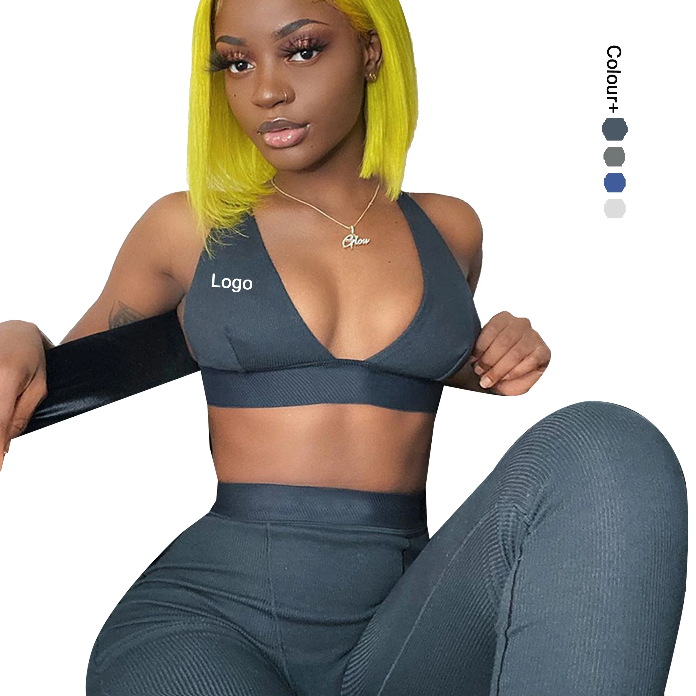 Custom Gym Fitness Sets Worout Yoga Women Ribbed Knit Super High Waist Leggings and Sport Triangle Bra Top Fitness