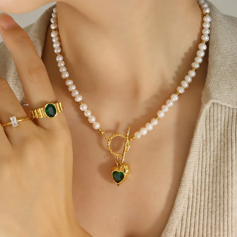 Aretas Romantic Jewelry Vintage Necklace Stainless Steel Freshwater Pearl Chain Emerald Pink Stone Heart Necklace Sets