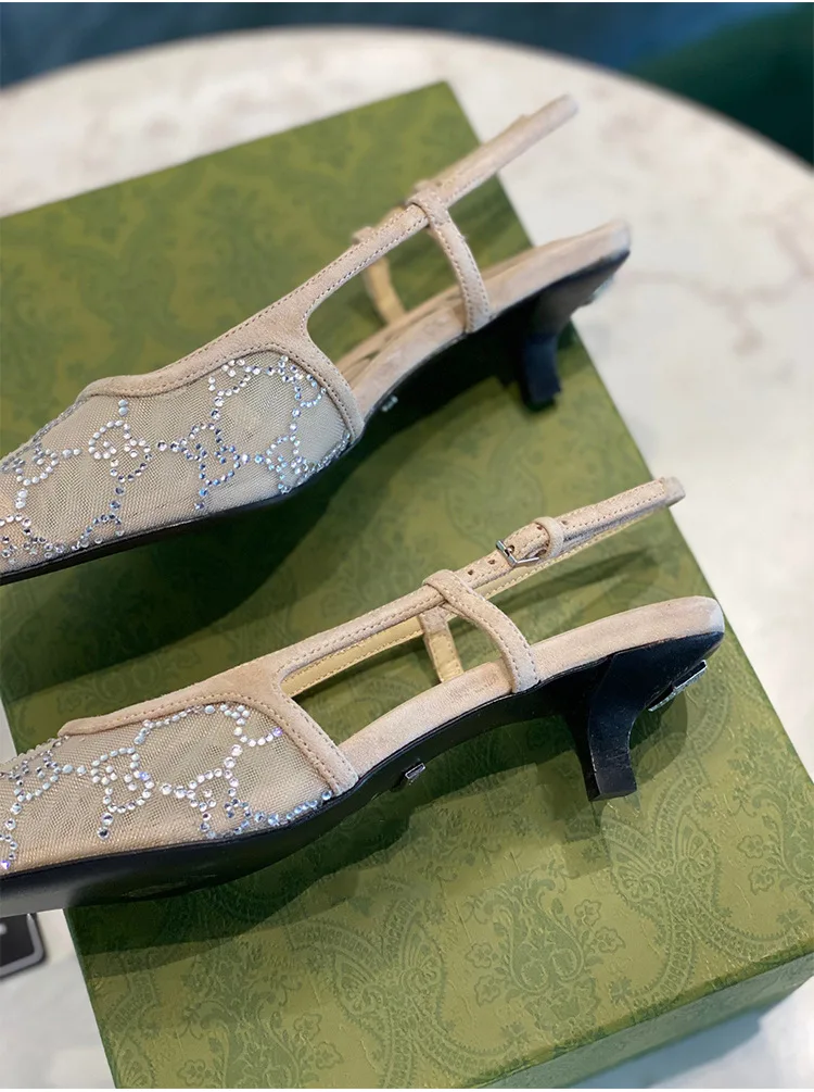 2024 Spring/summer new sexy square mesh hot water diamond and square heel sandal lady