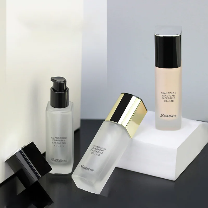 30ml 50ml Luxury Bb Cream Flat Shoulder Frosted Skincare Packaging Liquid Foundation Lotion Glass Press Bottle With Pump