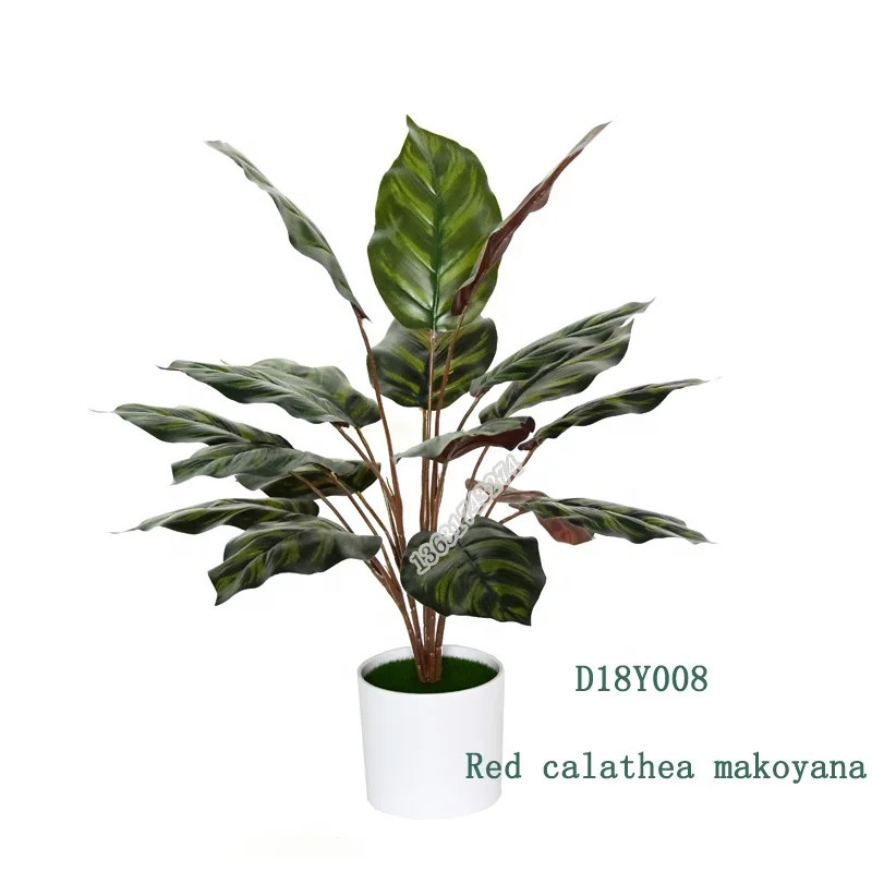 Factory wholesale cheap red Calathea fake plant artificial leaves for pot decoration