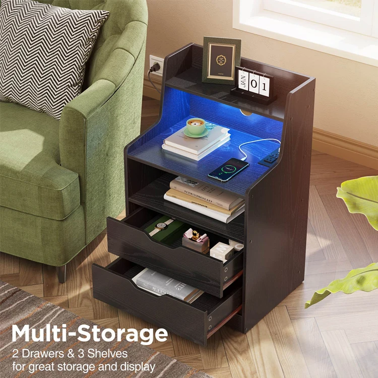 Bedroom Sofa Side End Table Nachtkastje LED Lights Bedside Storage Drawer Nightstand Comodini with Charging Station and USB Port