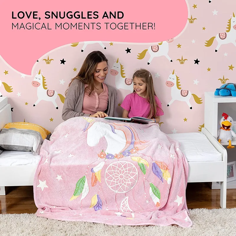 Factory Flannel Plush Throw Blanket Unicorn Blanket All Seasons Kids Pink Luminous Glow in The Dark Blanket
