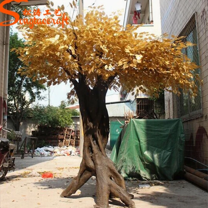 Декоративное дерево 3 метра для улицы и помещения золотые искусственные ветки листья кленовых деревьев
