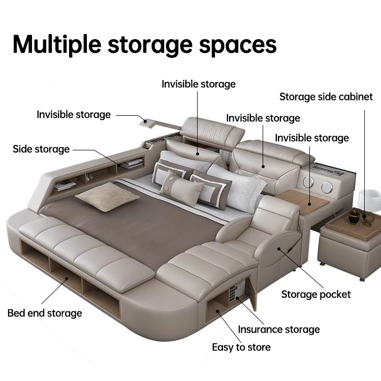 Multi-functional smart leather bed furniture queen bedroom furniture modern with  double  king size bed bedroom Foshan Furniture