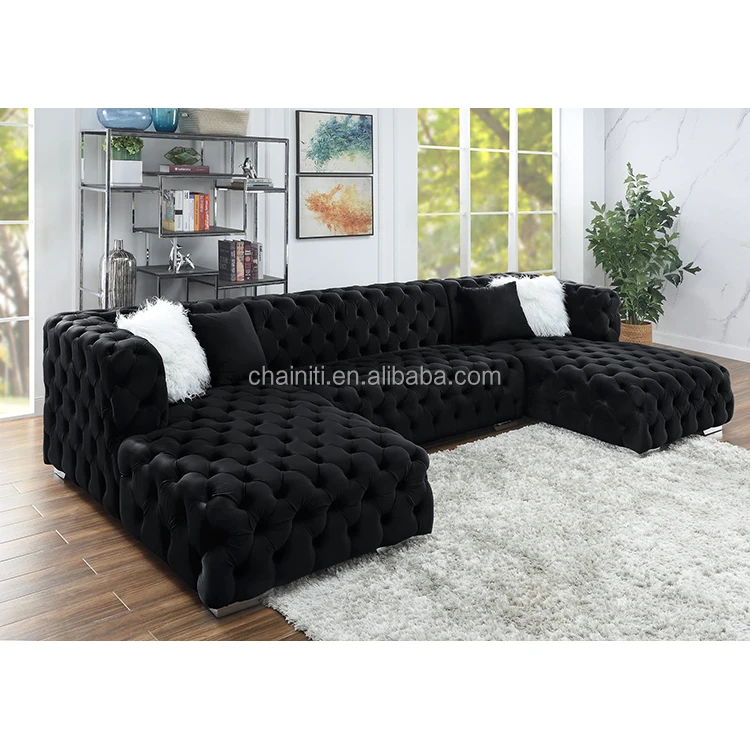 modern Home Design Velvet Fabric Interior Sofa Set Tufted  Sectional Sofa With Double Chaise