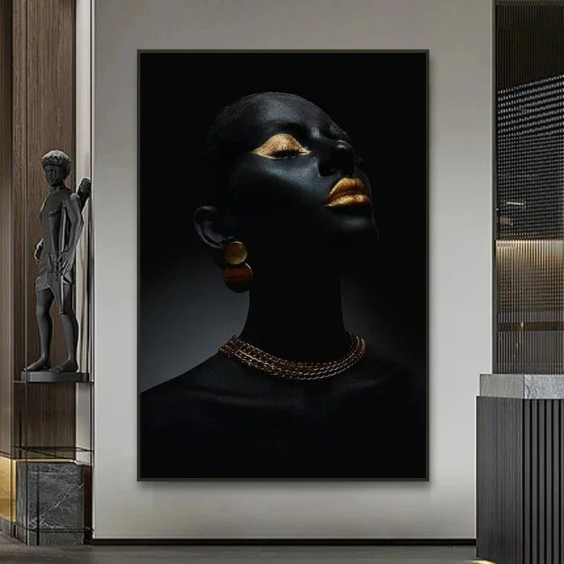 Home Decor HD Print African Black Woman Golden Flower fashions Posters Pictures Mural Painting for wall decor art