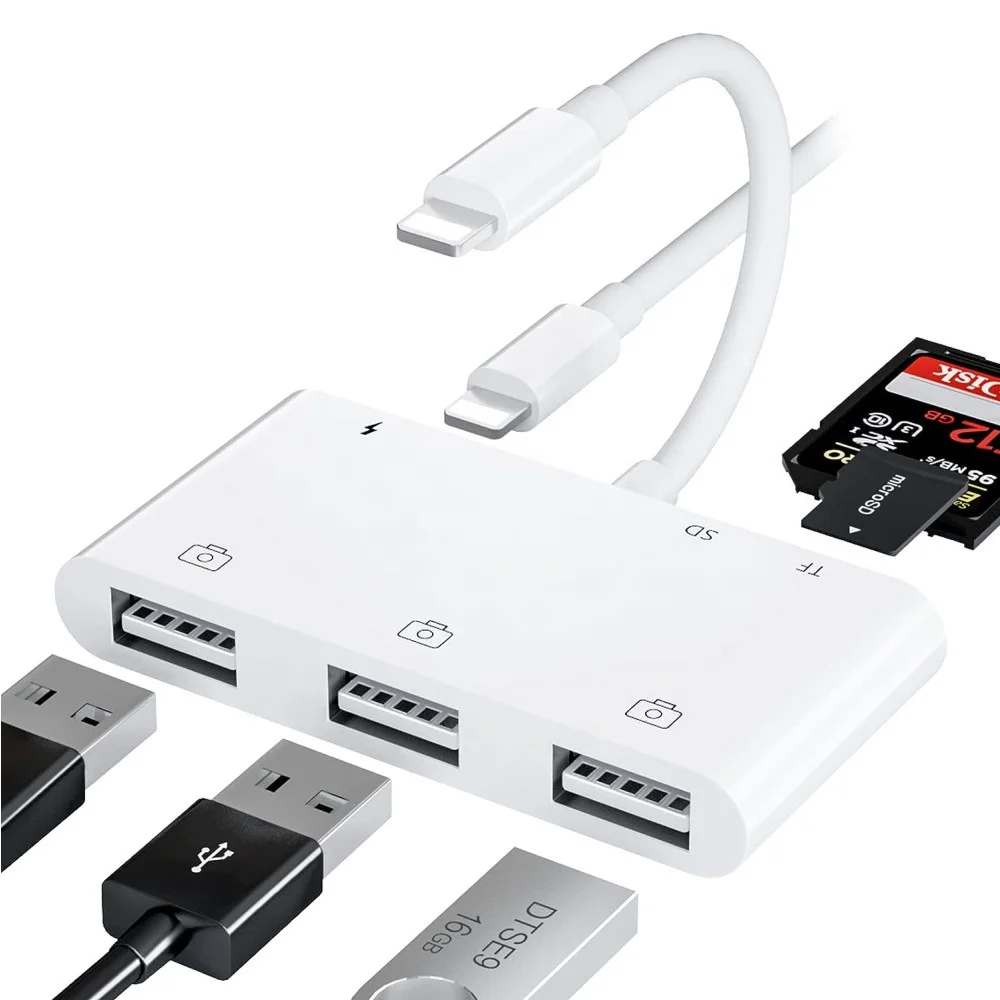6 in 1 Light ning USB Camera Adapter with 3 USB Female OTG Cable,SD / TF Card Reader and Charging Port for iPhone