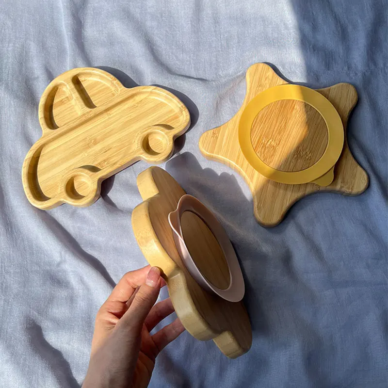 Baby Bamboo Wood Dinner Plate High Quality Bamboo Fiber Lunch Plate Cute Rabbit Shaped Bamboo Plate with Silicone Suction Cup