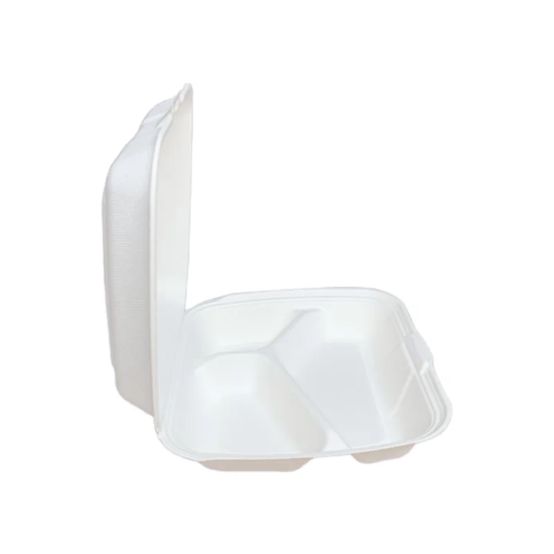 disposable bagasse food container 9' 3-Compartment Clamshell