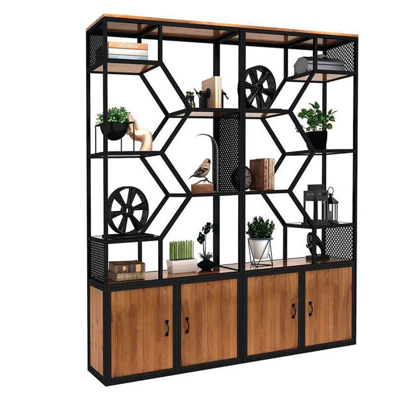 European Style Living Room Wholesale Storage  Library Wooden  Iron  Joker Shelf With Cabinet
