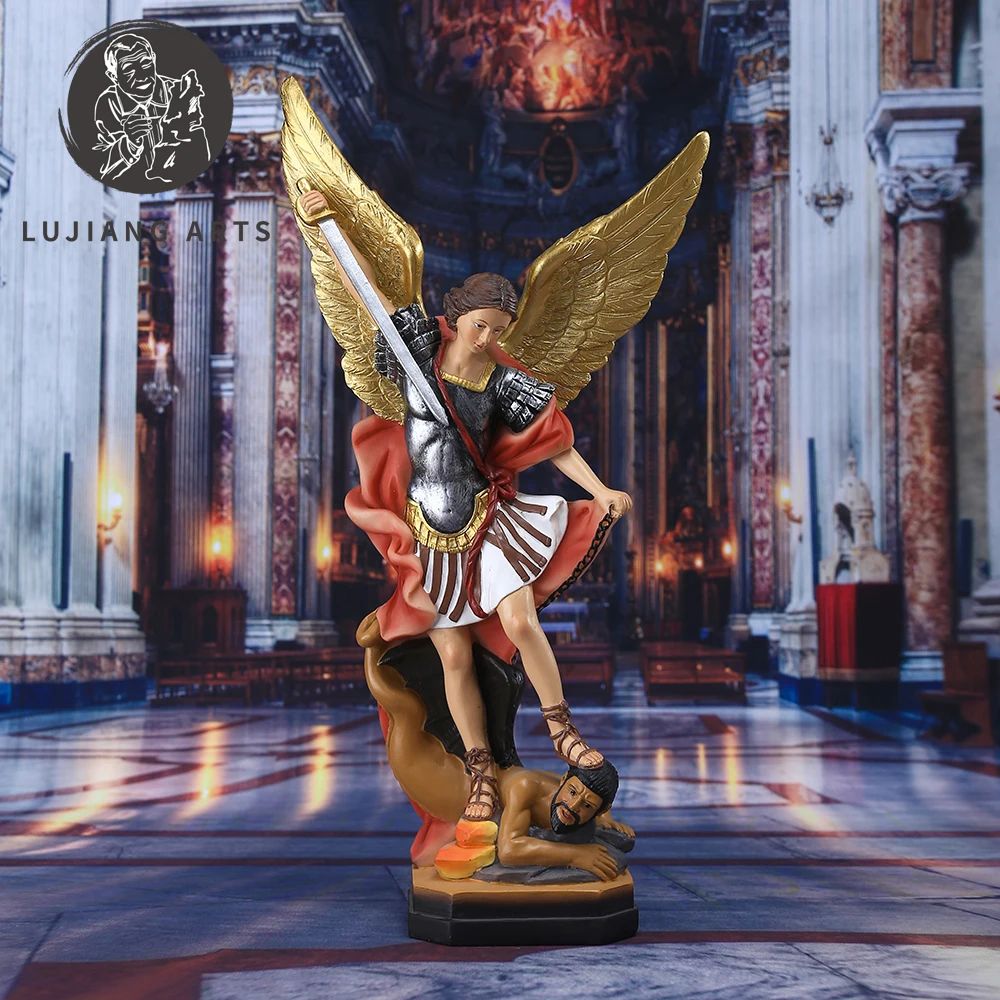 12inch Saint Michael Statue Resin Angel Sculpture Decoration Michael Archangel Defeated Tramples Demon Figurine Religious Gift