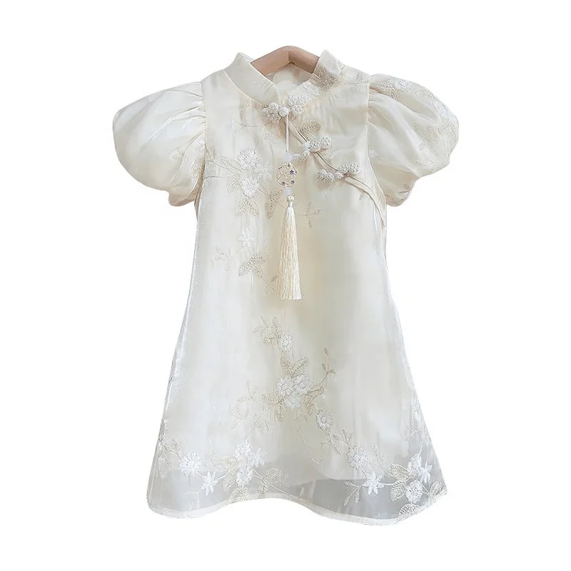 Chinese Style Puff Sleeves Summer Toddler Kids Girls Dresses with Chinese Frog Embroidery Princess Qipao Cheongsam 1-10 Years