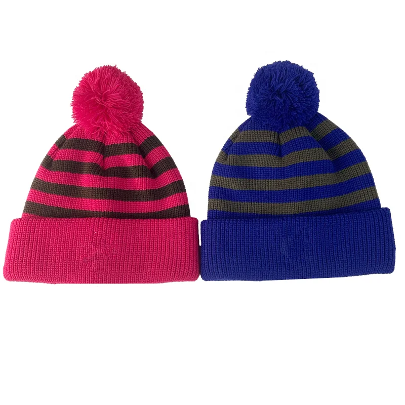Soft ribbed cuff stripe fleece lined jacquard knit hat winter warm toque woven label beanie with fleece lining