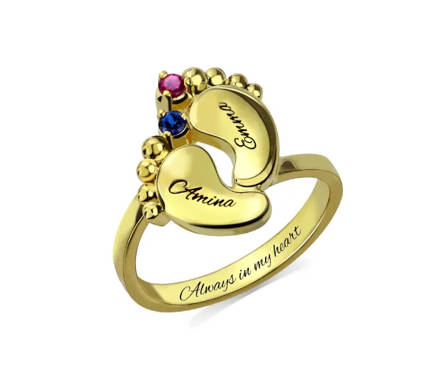 Customized Birthday Gift Personalized Engraved Any Name Baby Feet Birthstones Ring Jewelry