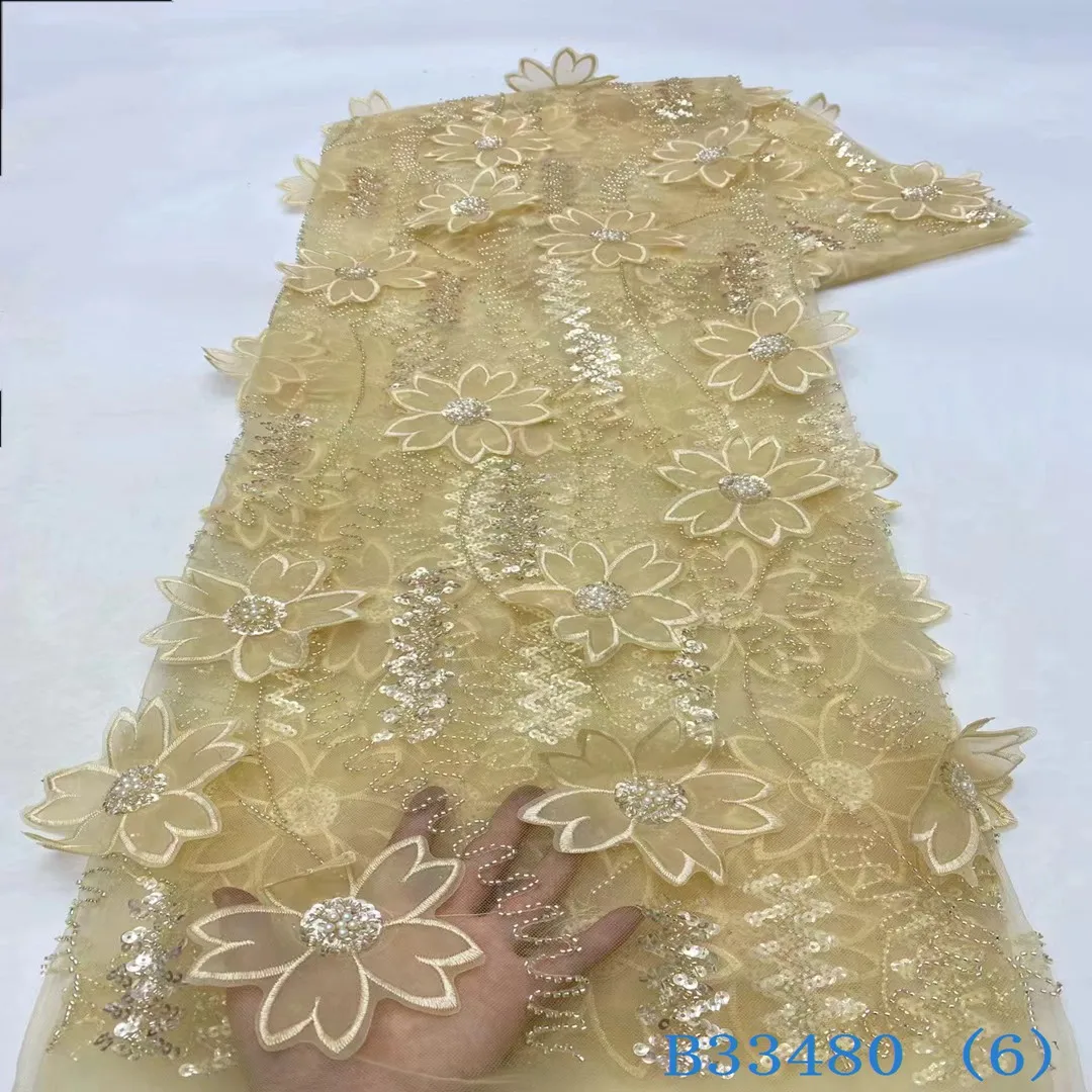 High Quality Premium Lace Fabric 3D Flower Lace with Beads and Pearls Mesh 3D Lace with High End embellishments