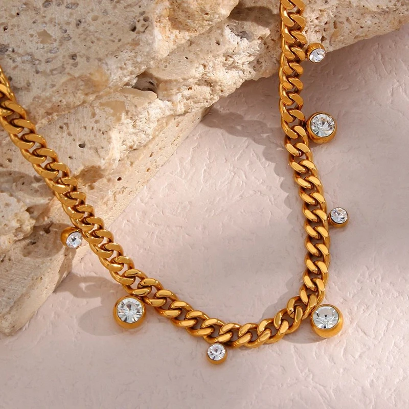 18K Gold Plated Vintage Cuban Link Chain Necklace Shining Zircon Charm Vintage  Stainless Steel 316L Choker Parties Pearl