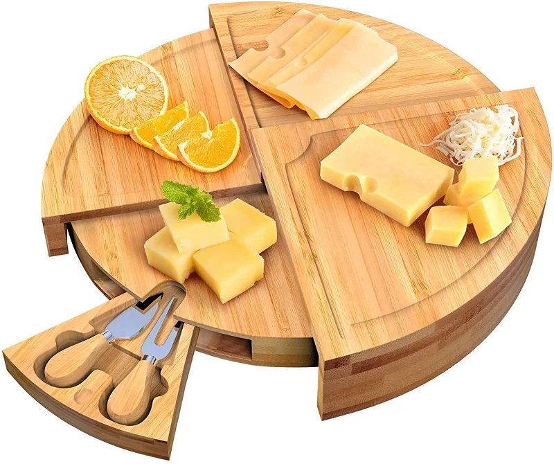 Cheap Price Compact Wedge wooden Round Charcuterie Platter Kitchen Snack Serving Tray Large Bamboo Cheese Board And Knife Set