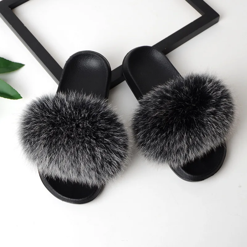 
Fake fur faux fox ball lady flip flops sandal slides slippers for women furry 