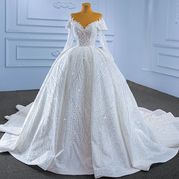 QUEENSGOWN  long tail sweetheart ball gown bride weddingdress off shoulder long sleeve ivory empire slim party dress