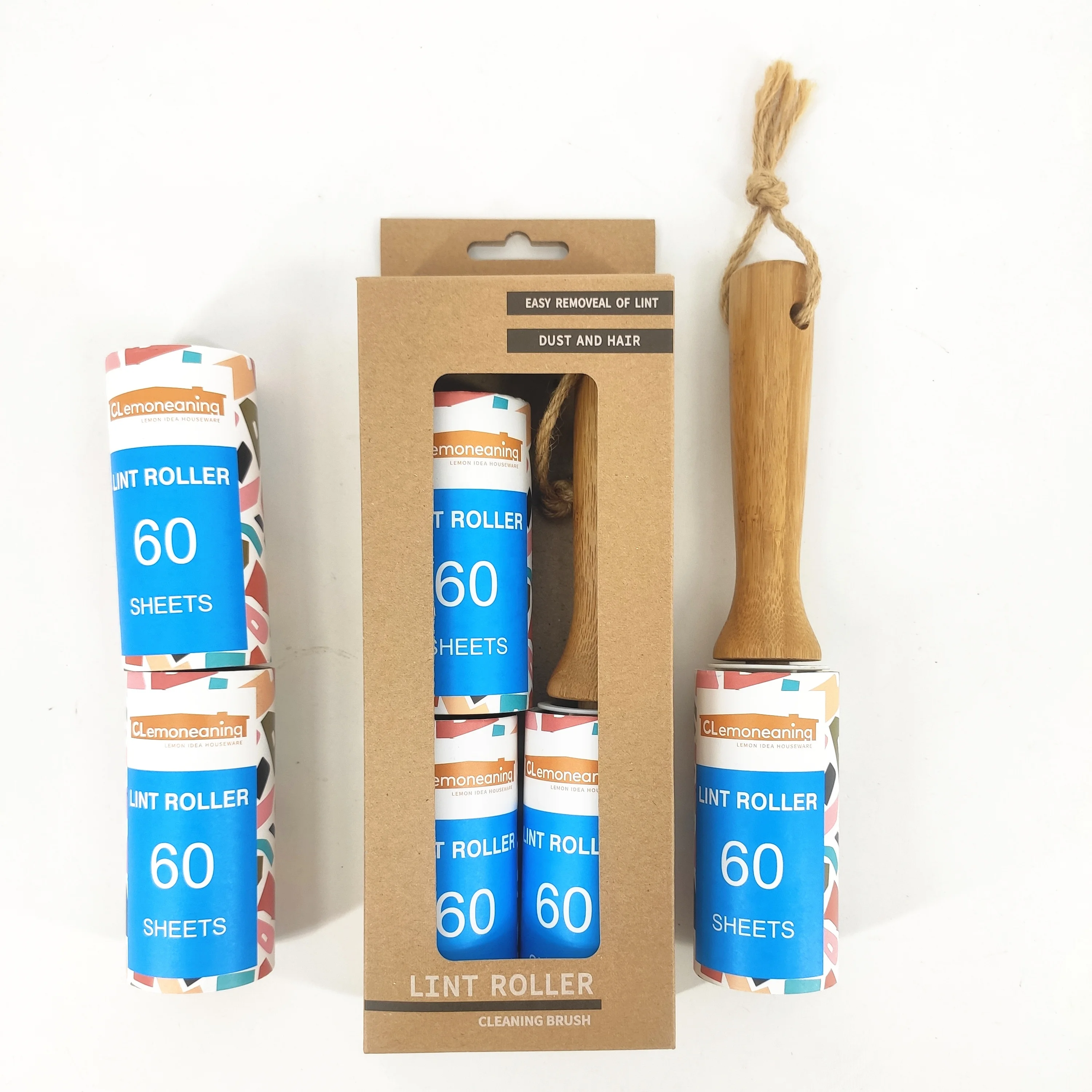 bamboo handle 1 Roller and  2 Refills Lint Roller for Pet Hair remove Extra Sticky Reusable Lint Remover 60 sheets per roll