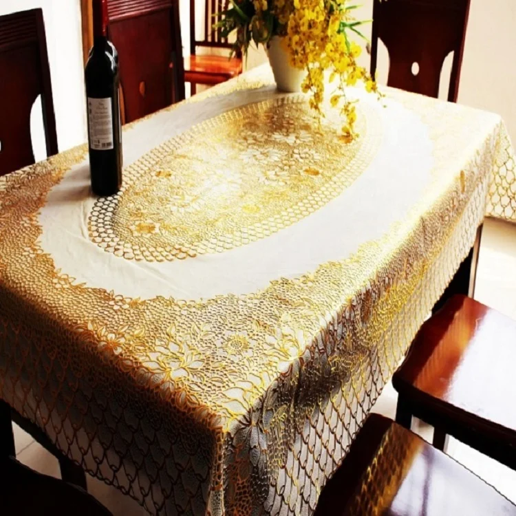 137*181cm factory supplier wholesale custom PVC lace table cloth gold printed plastic dining table cover roll