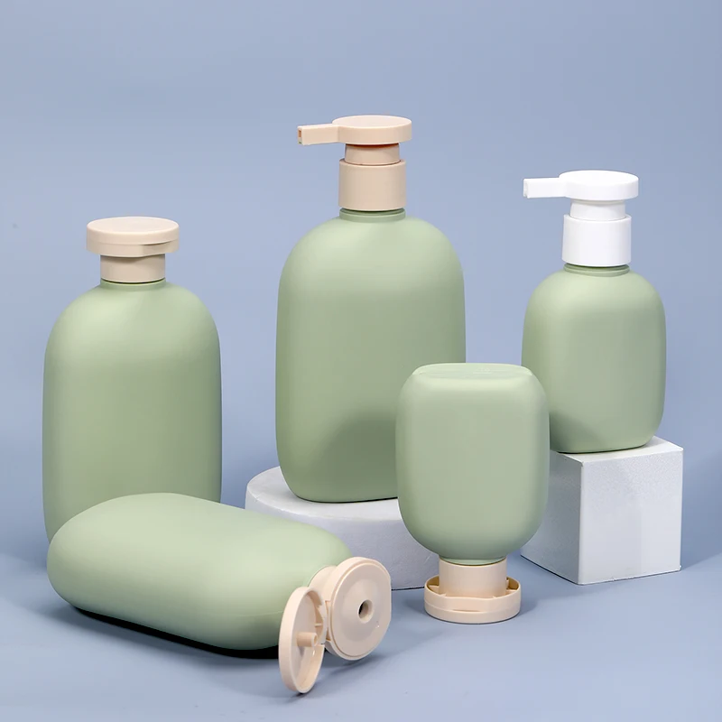 New Arrival Soft Touch HDPE Plastic Flat Shampoo Babycare Lotion Pump Bottle with Flip Top Cap Cosmetic Packaging Bottle