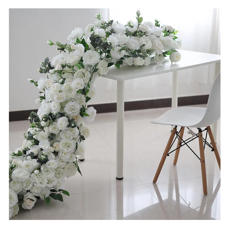 Artificial White Table centerpiece Silk Flower row arrangement wedding decor aisle runner aisle Fake flowers runner for wedding