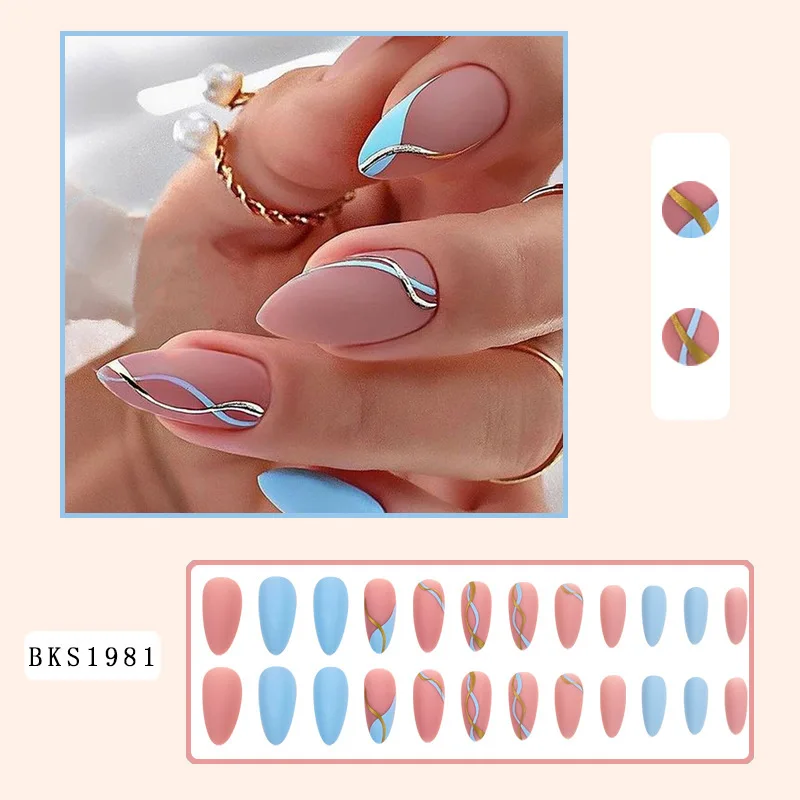 New designer almond shape matte fake artificial nails blue line pattern press on nails