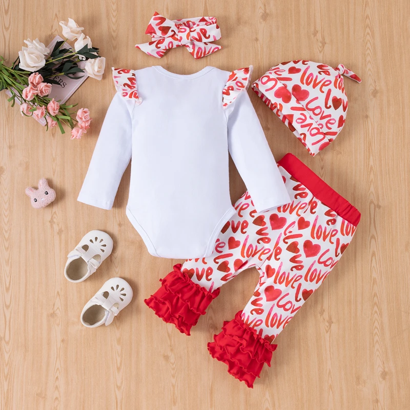 Fall 100% Cotton Newborn Boutique Clothes 1st Valentine Kid Outfits Baby Girl Clothing Sets Infant My First Valentines Day Gift