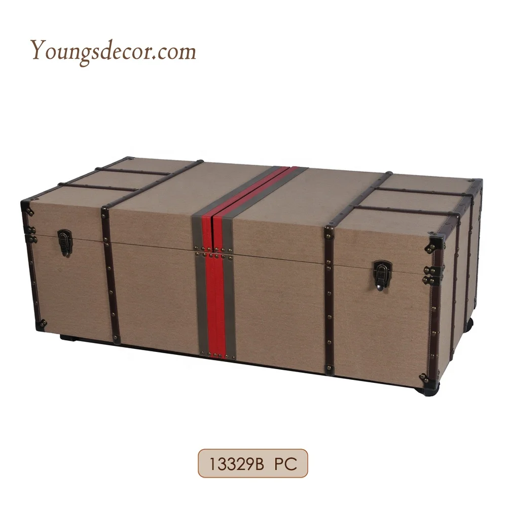Decorative Canvas Covered Wooden Storage Trunk Style Coffee Table with Wheels