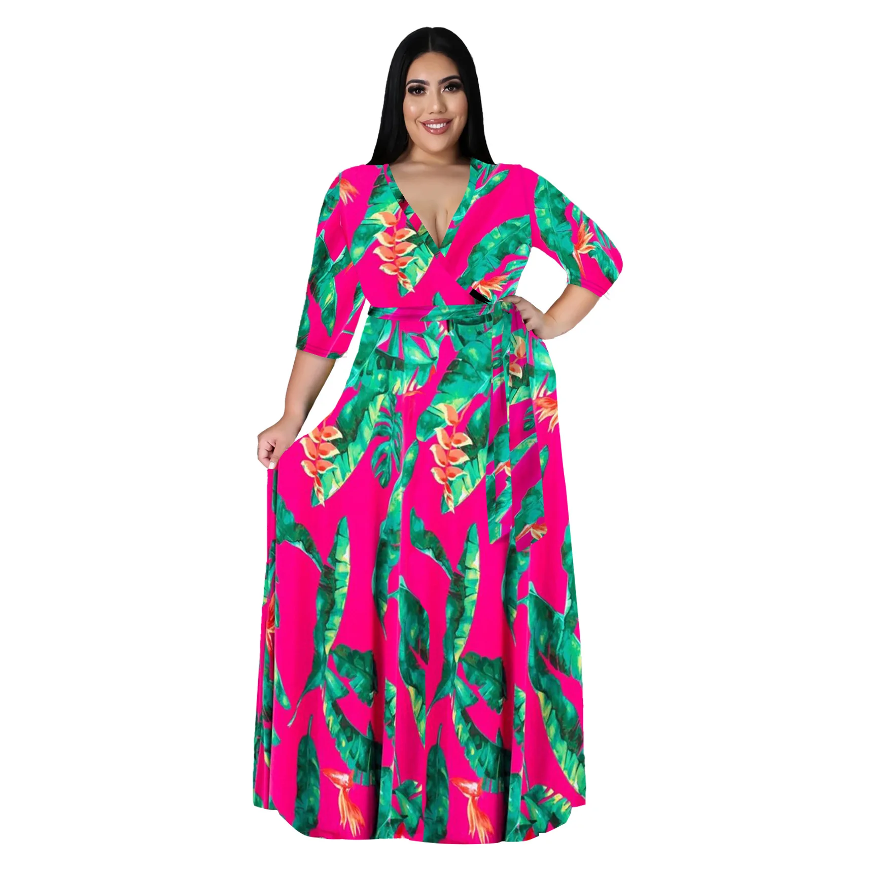 Casual Deep V-neck Long Sleeve Maxi Dress Printed Women Plus Size Africa Dress