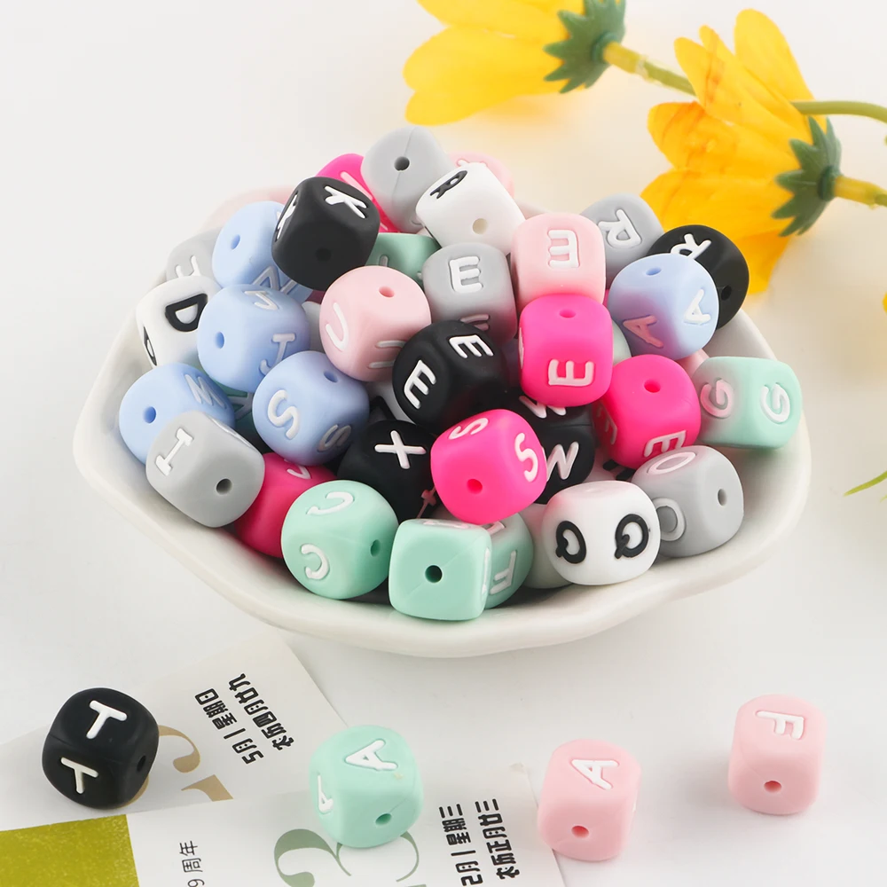 12mm Square Cube Shape Alphabet letter Soft Chew Bead Baby Silicone Teething Beads For Pen Keychain Necklace Jewelry Making