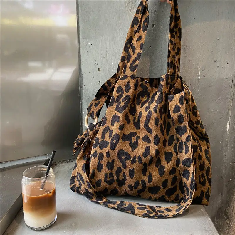 YIMYIK 2022 New Fashion Leopard Print Ladies One-shoulder Bags Retro Canvas Women Casual Tote Handbags