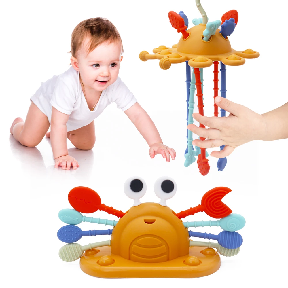 Custom Press Finger Baby Teething Sensory Kids Toys Educational Learning Baby Silicone Pull String Toys