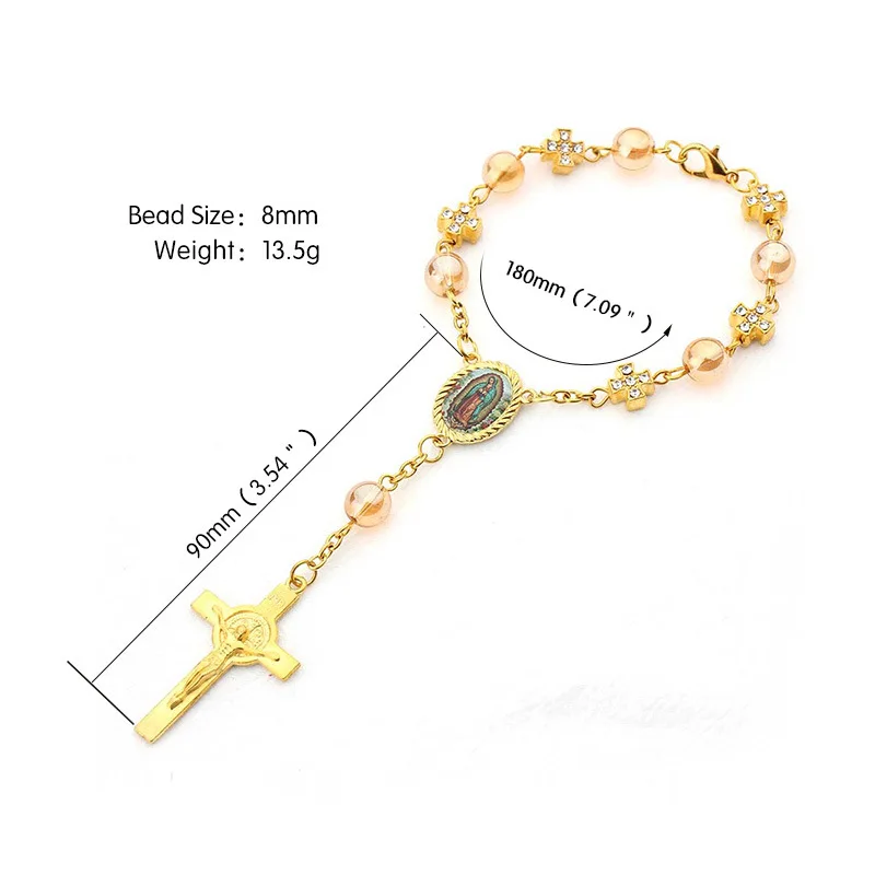 Wholesale Catholic rosary bracelet prayer fashion cross bracelet Gold imitation glass pearl handcrafted curved needle bracelet