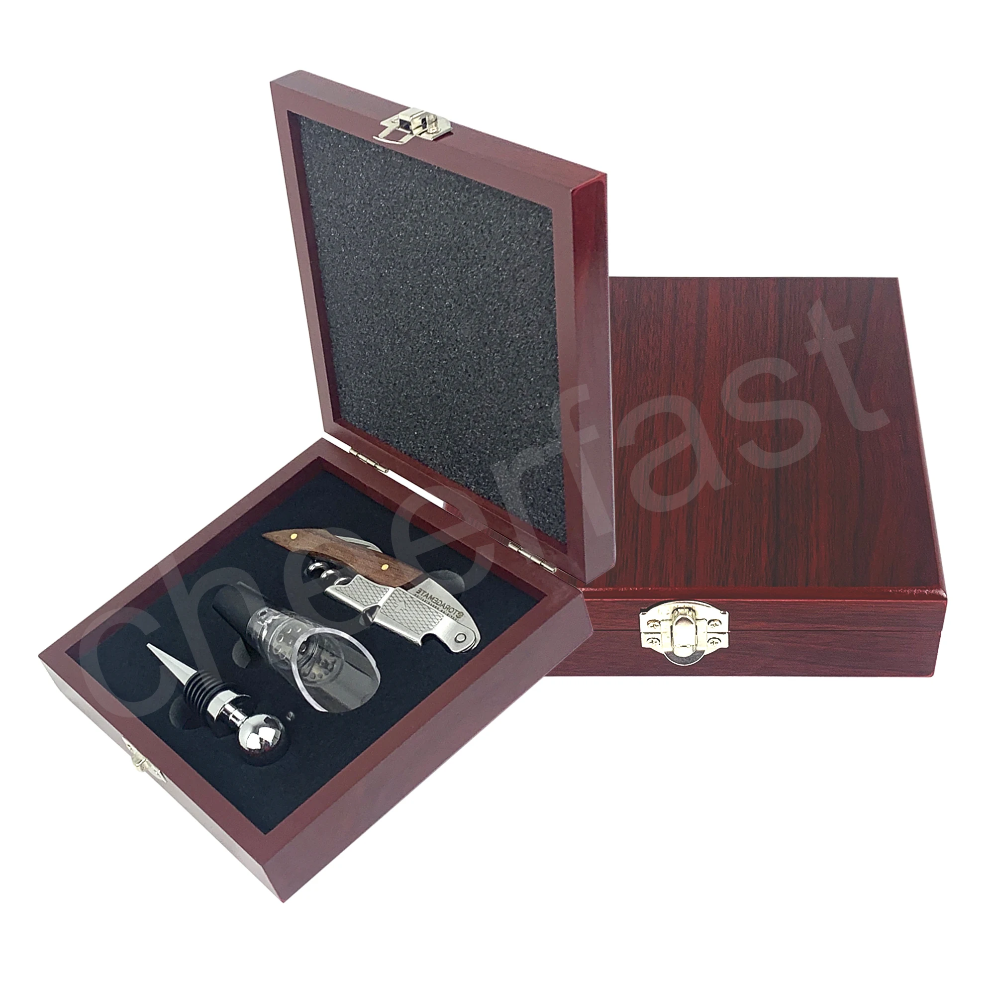 Customized Opener Wine Wood Handle Corkscrew And Stopper 3Piece Wooden Box Set Wine Accessories Gift Set Opener