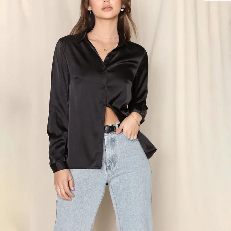 Wholesale Spring Women Long Sleeves Satin Blouse Vintage V Neck  Button Down Solid Color Shirts