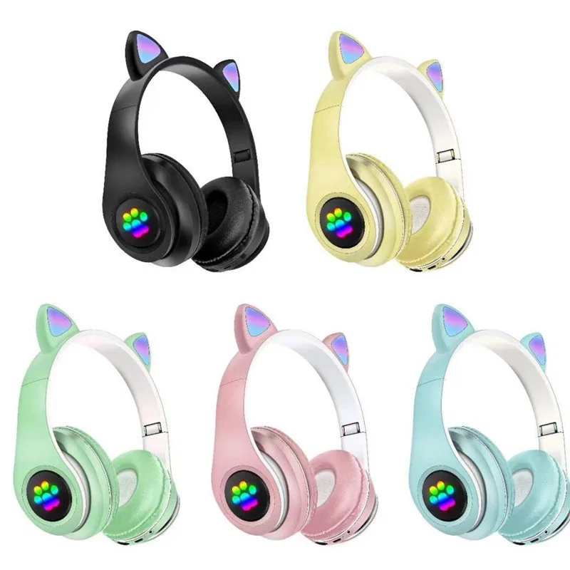 P33M Colorful Glowing Cute Cat Ear Headphones Blue tooth 5.0 Bass Noise Cancelling Headset Support TF Card Headset With Mic