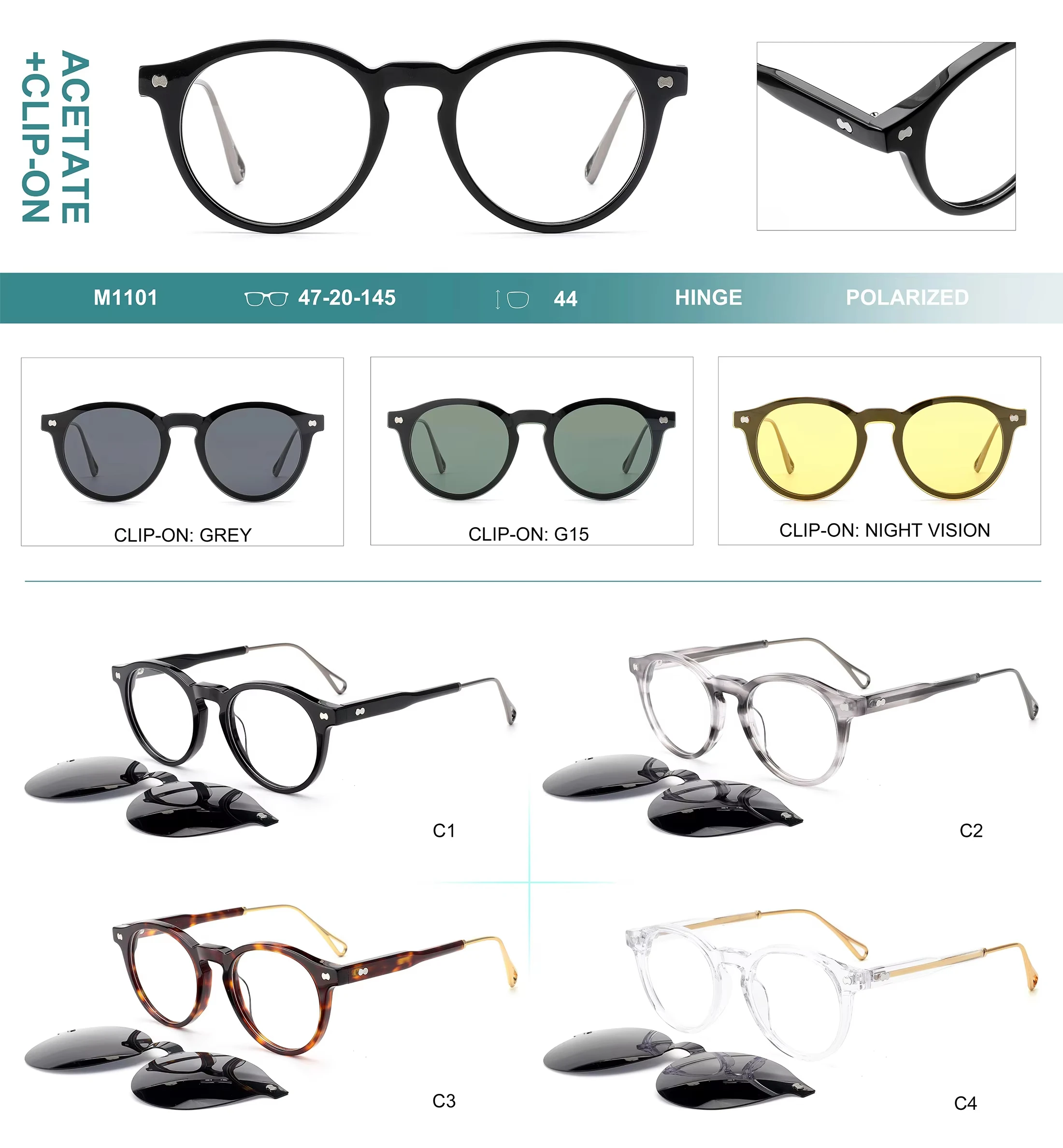 Wholesale 2-in-1 Stylish round Optical Glasses Unisex Polarized Lens Eyewear Magnifying Print Pattern Clip-on Acetate Acetate