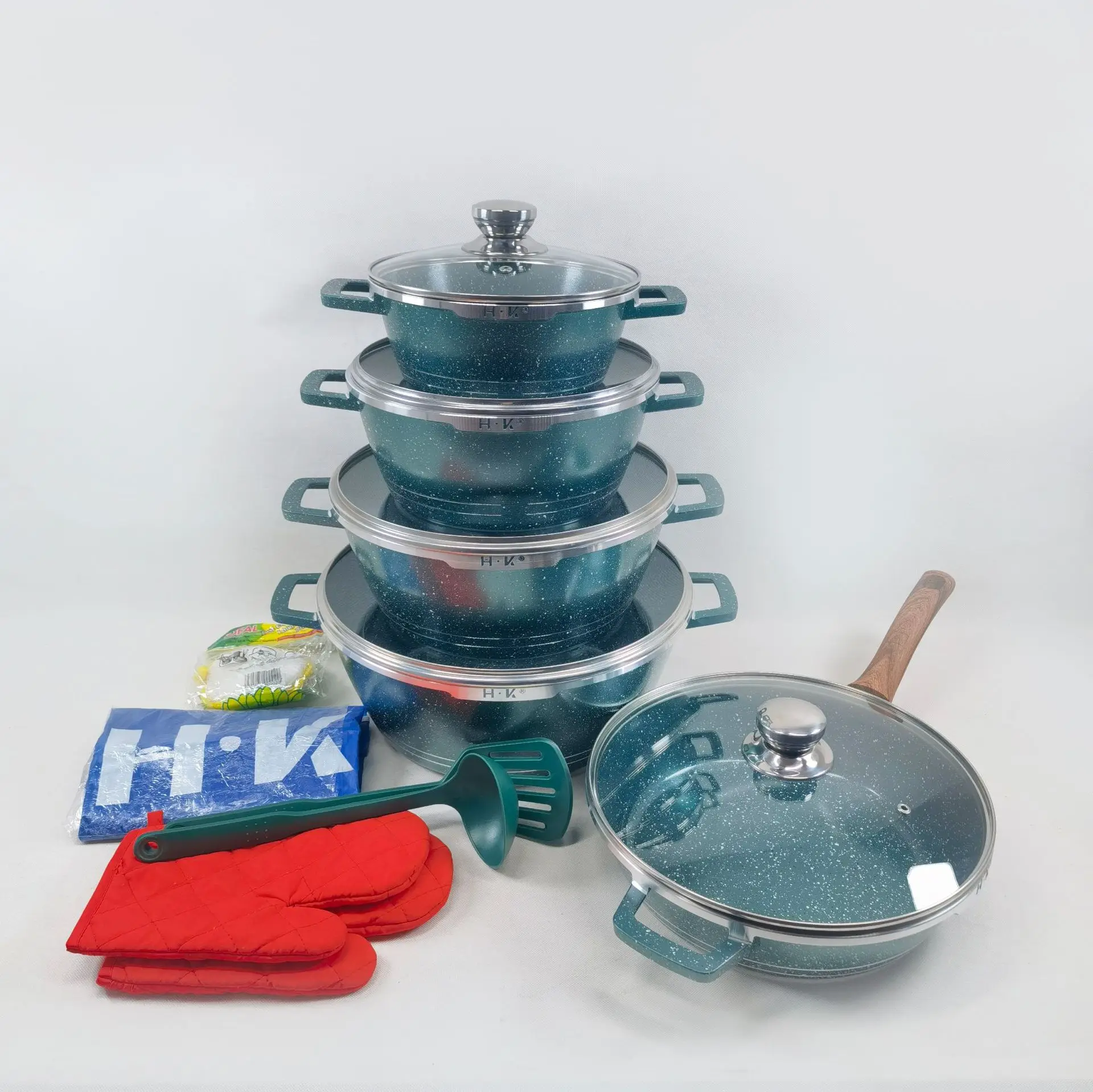 Hot Sale 16-Pcs Marble Stone Non-Stick Cookware Set Granite Induction Bottom Cooking Pots with Insulated Gloves for Kitchen Use