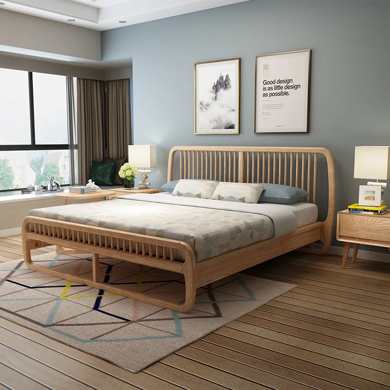 Nordic Solid Wood Bed 1.8 m  White Wax Wood Wedding /Simple Personality Creative Bed Double Bed