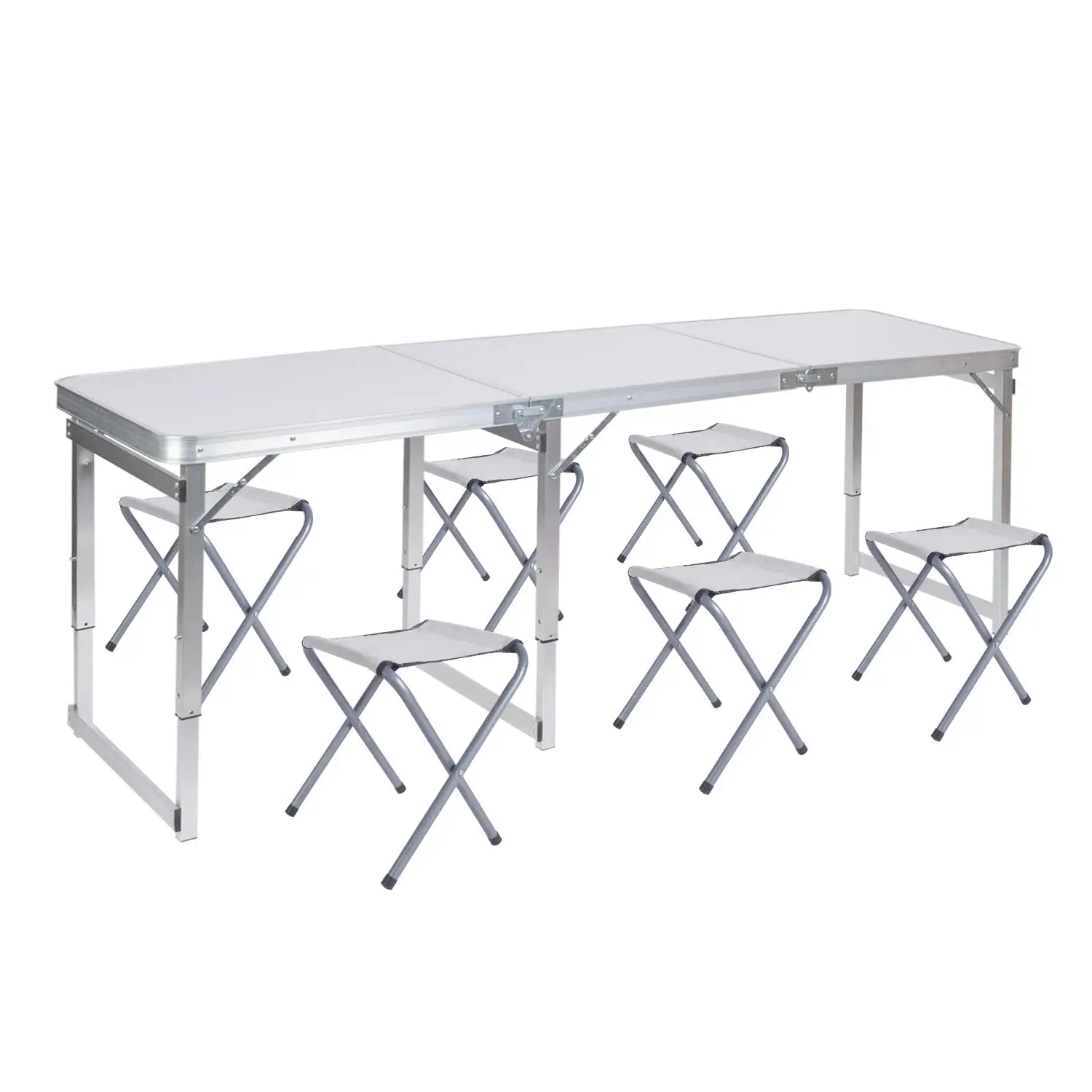 Outdoor camping portable lightweight height adjustable aluminium folding picnic table with 6 oxford padded stools